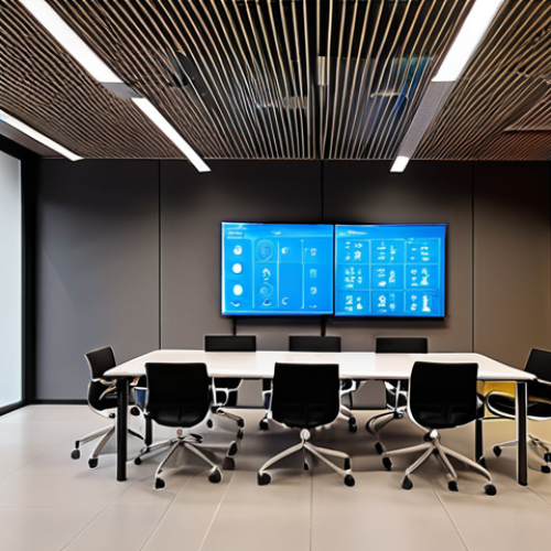 Home 11 **Prompt:** Smart building interior in Barcelona, showing wireless sensor network monitoring temperature and lighting, visualizing a 25% energy bill reduction. Modern office environment, comfortable and energy-efficient.