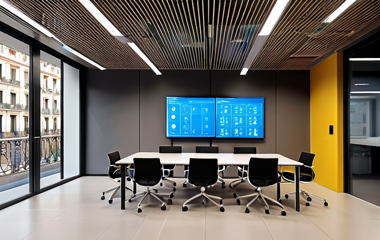 **Prompt:** Smart building interior in Barcelona, showing wireless sensor network monitoring temperature and lighting, visualizing a 25% energy bill reduction. Modern office environment, comfortable and energy-efficient.
