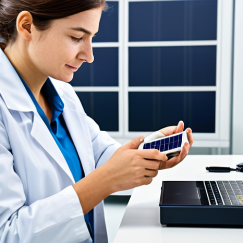 Home 6 A professional female engineer, dressed in a modest lab coat over appropriate business attire, is meticulously examining a miniature IoT sensor with an integrated energy harvesting solar panel. The bright, clean laboratory environment features advanced electronic components, a workbench displaying various prototype solid-state batteries and microbatteries, and a digital screen showing energy efficiency data. safe for work, appropriate content, fully clothed, professional, perfect anatomy, correct proportions, natural pose, well-formed hands, proper finger count, natural body proportions, high-quality, realistic.