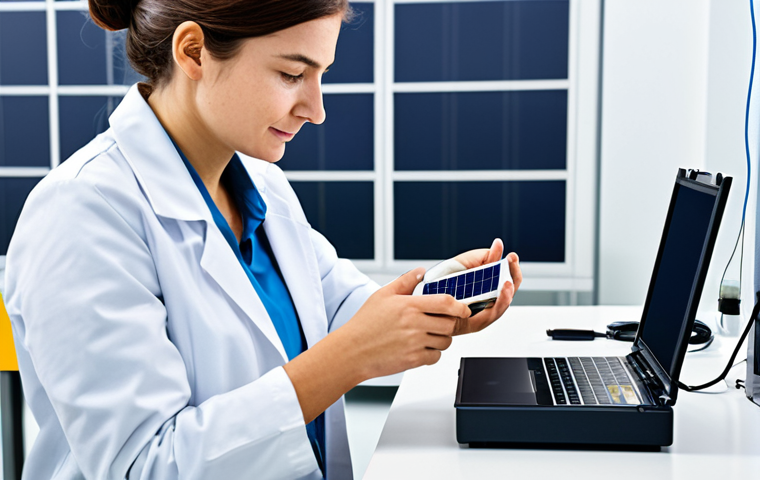 A professional female engineer, dressed in a modest lab coat over appropriate business attire, is meticulously examining a miniature IoT sensor with an integrated energy harvesting solar panel. The bright, clean laboratory environment features advanced electronic components, a workbench displaying various prototype solid-state batteries and microbatteries, and a digital screen showing energy efficiency data. safe for work, appropriate content, fully clothed, professional, perfect anatomy, correct proportions, natural pose, well-formed hands, proper finger count, natural body proportions, high-quality, realistic.