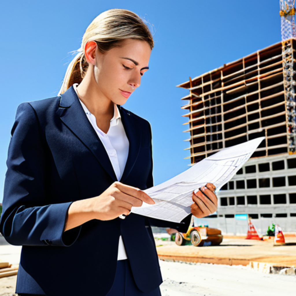 **

"A professional architect, fully clothed in a stylish business casual outfit (dress pants, blouse, blazer), reviewing blueprints on a construction site in Madrid, Spain. Background shows modern buildings under construction with a clear blue sky. Perfect anatomy, correct proportions, natural pose, well-formed hands, proper finger count. Safe for work, appropriate content, professional, family-friendly, high-quality rendering."

**