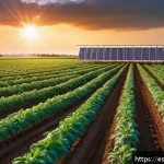 Home 18 차세대 센서 네트워크 기술 동향 - A modern precision agriculture scene during early morning light, featuring a vast tomato plantation ...