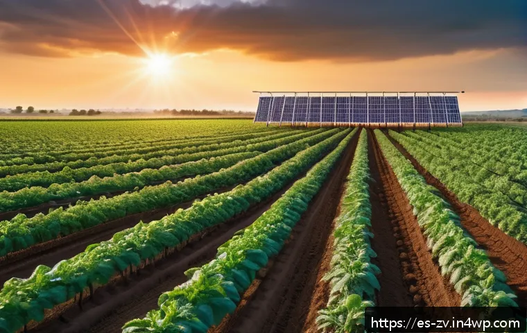 차세대 센서 네트워크 기술 동향 - A modern precision agriculture scene during early morning light, featuring a vast tomato plantation ...