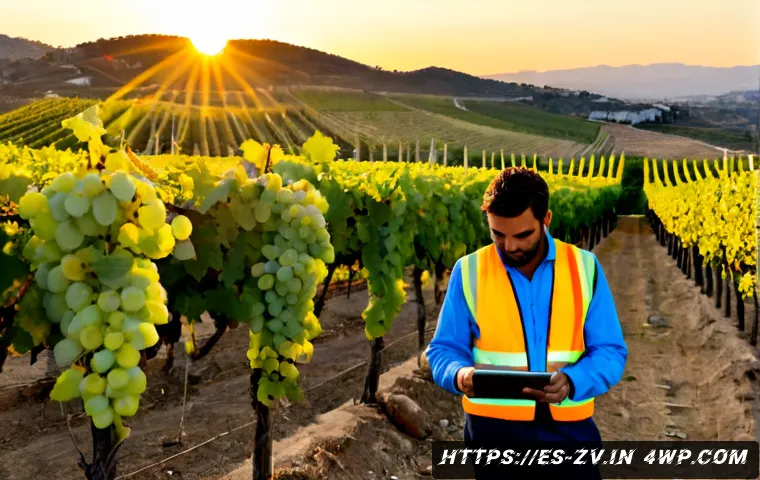 Home 17 비즈니스 성공을 위한 센서 네트워크 활용 사례 - Photorealistic smart vineyard in rural Spain at golden sunrise, agricultural manager in practical wo...