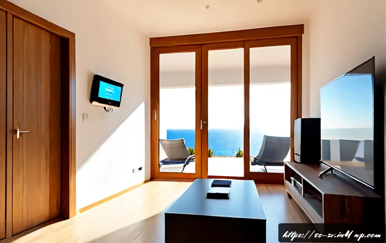 스마트 홈 보안을 위한 센서 네트워크 설계 - Photorealistic modern Spanish apartment living room designed for smart home security, discreet wirel...